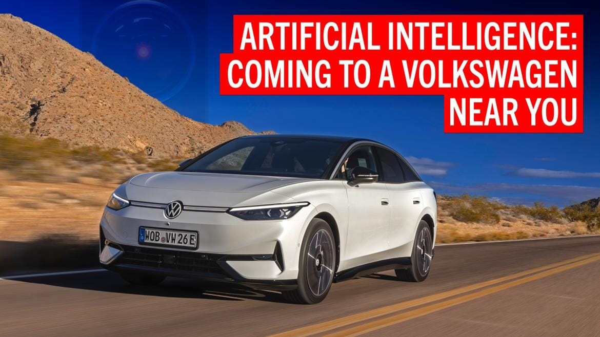 Interior of a Volkswagen ID.4 with a futuristic dashboard display showing the IDA voice assistant interface